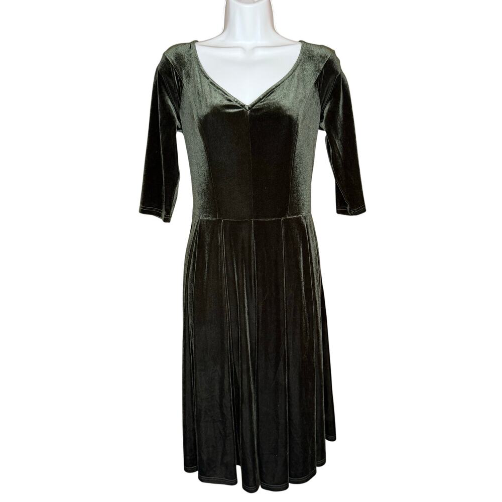 Unique Vintage Retro Olive Green Velvet Swing Dress M NWOT